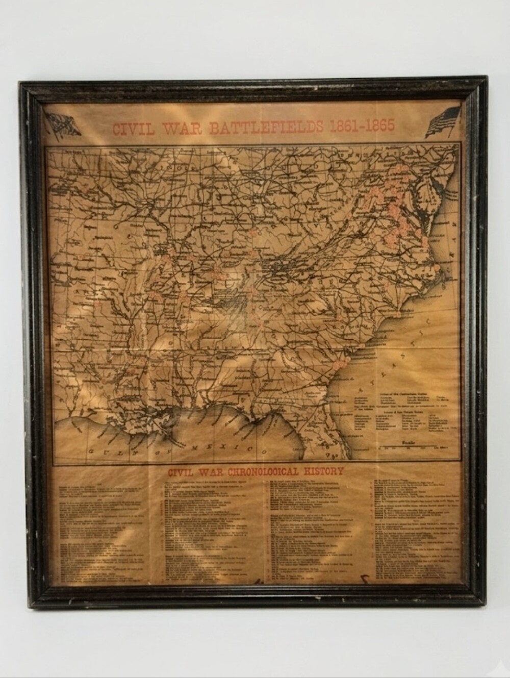Vintage 60s Framed Civil War Battlefields & History Map Replica 15 x 17"